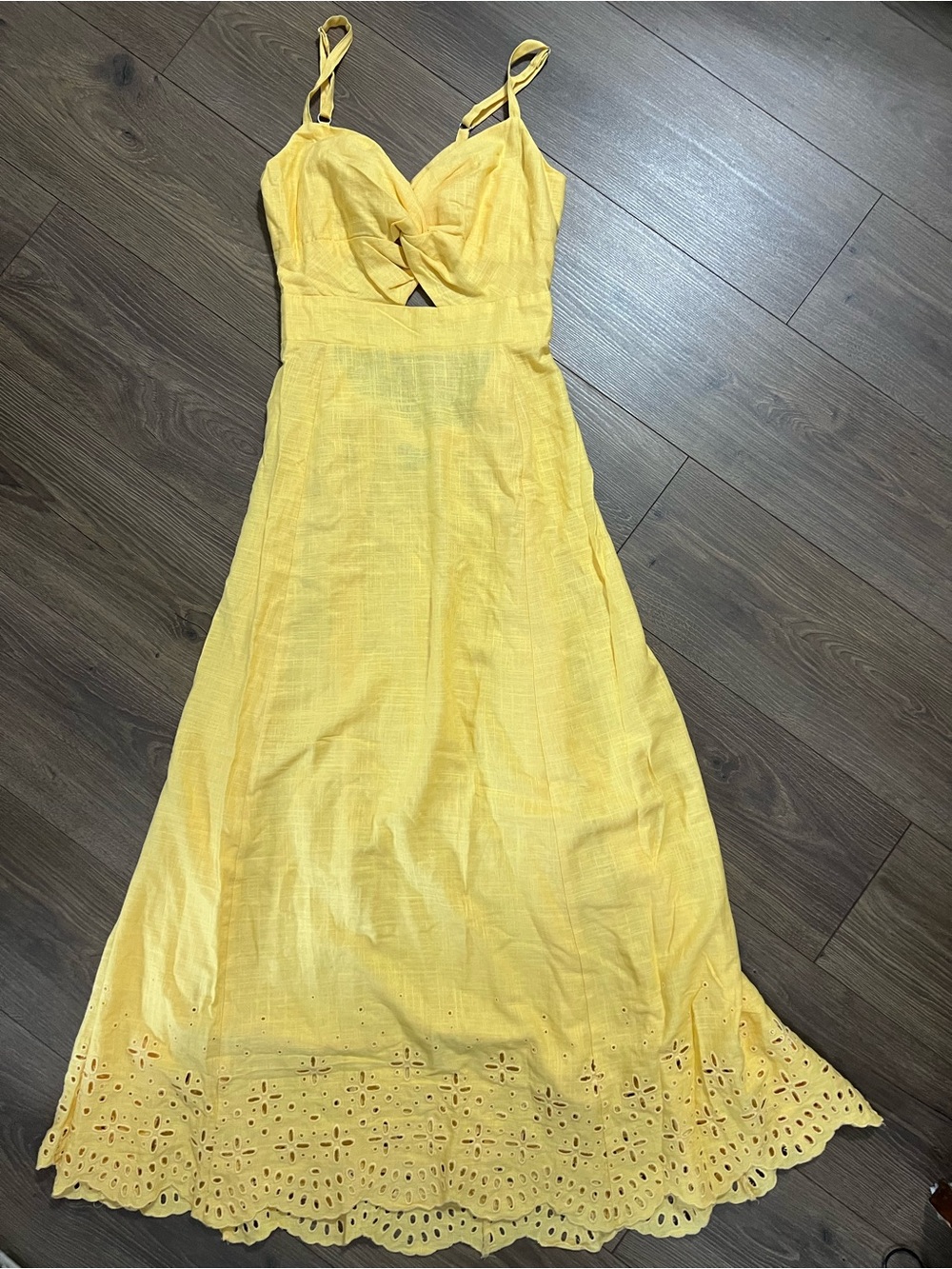 1 STATE Yellow Twist Front Cutout Eyelet Linen Midi Dress NWOT - Size L